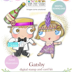 Puede incluir: Un kit de sellos digitales y tarjetas titulado Gatsby que presenta dos personajes de dibujos animados, una botella de champán y texto que incluye Vera Lane Studio, Digital Download y hand illustration. Los personajes visten atuendos de los años 1920.