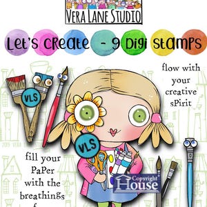 May include: A colourful digital art graphic featuring a cartoon girl with blonde pigtails, holding art supplies. The image includes text that reads "Let's Create - 9 Digi Stamps" and "fill your paper with the breathings of your heart." The artwork has a whimsical style.