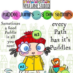 Puddle Jumps - adorable girl with duck digi stamo bundle in jpg and png files