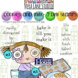 Pode incluir: Ilustração digital de uma menina de desenho animado com biscoitos, leite e o texto "Cookies and Milk - 7 Digi Stamps". A imagem inclui frases como "facilmente distraído por biscoitos" e "a vida é melhor com biscoitos frescos".