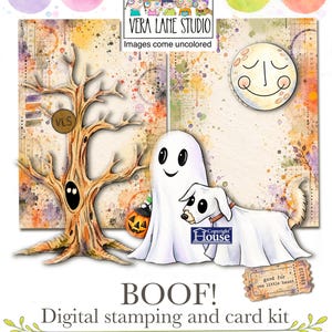 Pode incluir: Um kit de carimbos digitais e cartões intitulado BOOF! apresentando um fantasma, um cão com fantasia de fantasma, uma árvore com um rosto, uma lua com um rosto e um bilhete com a etiqueta good for one little haunt. O kit inclui sete carimbos digitais, um efêmero e dois fundos.