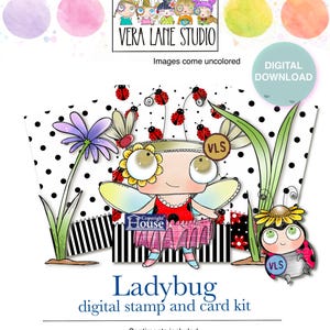 Pode incluir: Um kit digital de carimbos e cartões com um design de joaninha caprichoso. A imagem inclui um personagem de joaninha de desenho animado, flores e o texto "Ladybug digital stamp and card kit". O kit inclui 6 carimbos e 3 fundos.