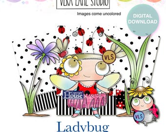 Ladybug Girl Digital Stamp Set, Hand Drawn Flower Eye Character for Card Making Journals