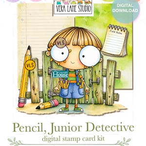 Puede incluir: Un kit de tarjetas de sellos digitales titulado Pencil, Junior Detective de Vera Lane Studio. Presenta un personaje de dibujos animados con ojos grandes, con peto y lápices, frente a una valla de madera con un bloc.