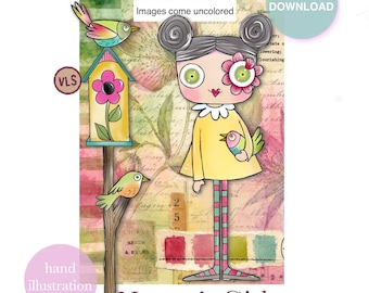 May include: A digital stamp and card kit titled Nature's Girl by Vera Lane Studio featuring a character with two buns, a yellow top, and striped leggings, standing next to a birdhouse with two birds on a background of vintage script and floral patterns.