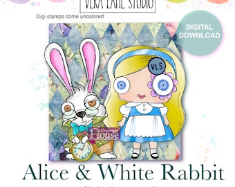 Timbri digitali di Alice il Coniglio Bianco, per la creazione di biglietti d'auguri a tema Paese delle Meraviglie (download digitale)