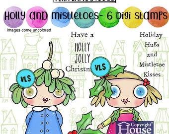 Holly and Mistletoes - whimsical 6 digi stamp bundle