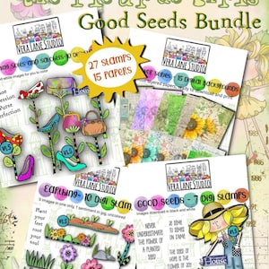 May include: The "fleur de girls Good Seeds Bundle" features digital stamps and papers. The bundle includes 27 stamps and 15 papers. The images include shoes, purses, flowers, and inspirational quotes. The images are ready to download and print.