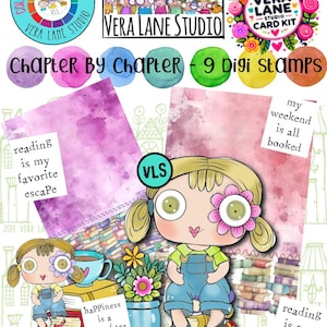 Może przedstawiać: Cyfrowe stemple z Vera Lane Studio, przedstawiające dziewczynkę z kreskówek z kwiatem we włosach, otoczoną książkami, filiżankami i tekstem "Chapter By Chapter - 9 Digi Stamps". Obraz zawiera tekst "reading is my favorite escape."