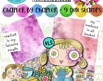 Book Lover Digi Stamp Kit: Whimsical Girl, Cozy Backgrounds (JPG/PNG Files)