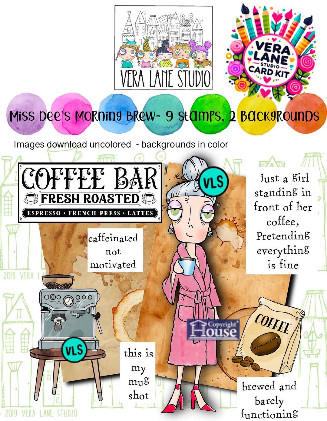 Miss Dee’s Morning Brew Card Kit - 9 Digital Stamps, 2 Colored ...