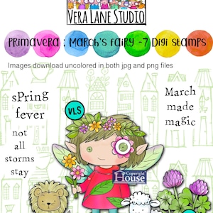 Puede incluir: Sellos digitales con un hada con una corona de flores, un león, un cordero y trébol. El texto incluye "Primavera", "March's Fairy" y "Spring fever". La imagen es de Vera Lane Studio.
