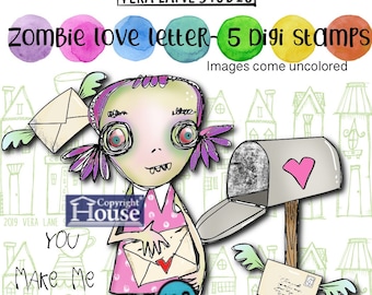 Zombie Love Letter -  5 Digi stamps in jpg and png files