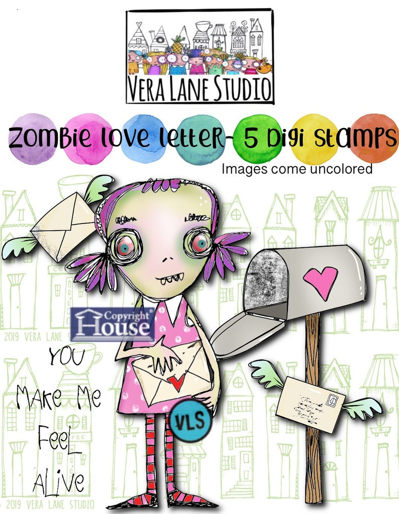 Zombie Love Letter 5 Digi stamps in jpg and png files image 1