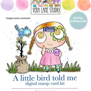 Puede incluir: Kit de tarjetas de sellos digitales con una niña de dibujos animados, un pájaro azul y el texto "A little bird told me". La imagen incluye el logotipo "Vera Lane Studio" y las palabras "Digital Download".
