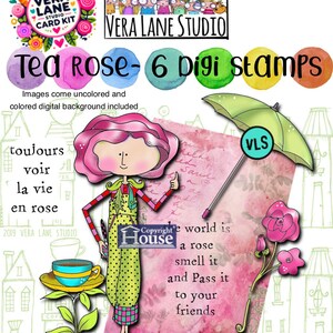 Rosa de té - personajes dibujados a mano 6 sellos digitales, niña rosa, paraguas, mano principal de taza de té, dibujar arte lineal para tarjetas, hacer diarios de arte