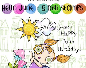 Hello June -  whimsical summertime gal with accent images and sentiments - 8 digi stamp bundle