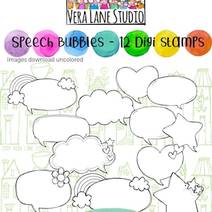 May include: Digital stamp set featuring 12 speech bubbles in various shapes, including clouds, hearts, and stars. The text "Speech Bubbles - 12 Digi Stamps" is displayed above the bubbles. The image also includes the text "Images download uncolored" and "DIGITAL STAMPS".