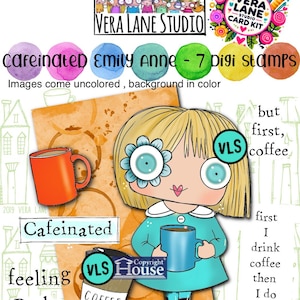 Caffinated Emily Anne - Lot de 7 tampons numériques au format jpg et png et un arrière-plan coloré (kit de carte VLS)