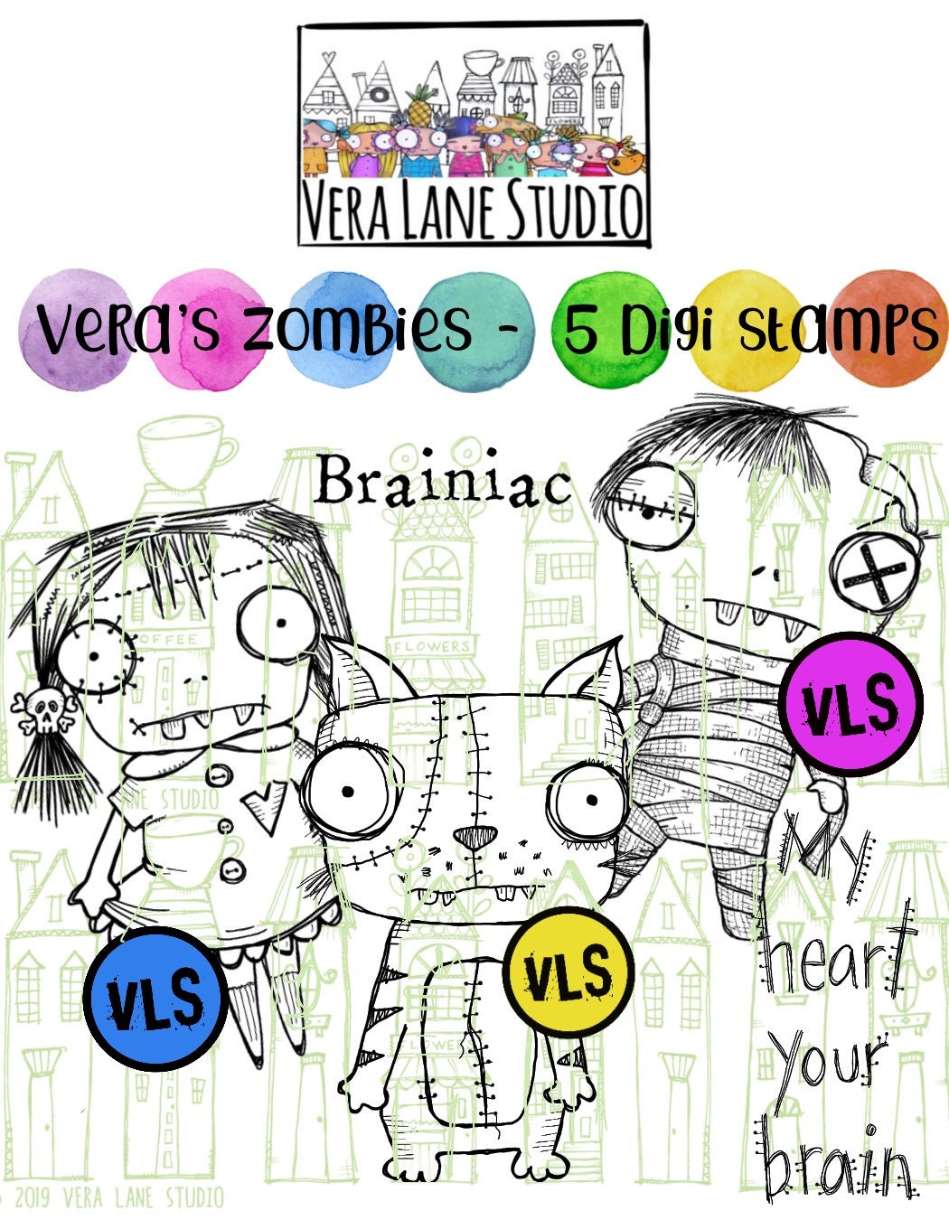 Quirky Zombie couple and cat with sentiment - 5 digi stamp set in png…