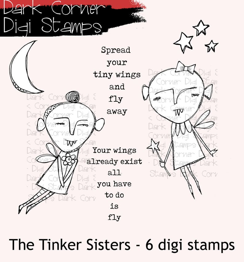 The Tinker Sisters quirky zombie fairies with moon, stars and sentiments 6 digi stamp bundle image 1