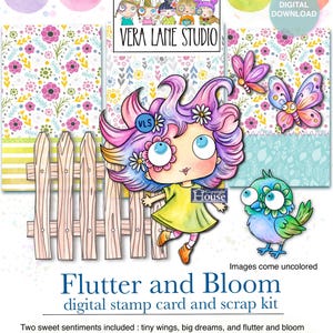 May include: A digital stamp card and scrap kit titled Flutter and Bloom by Vera Lane Studio. The kit includes seven stamps and three backgrounds featuring a cartoon character with purple hair, a blue bird, butterflies, and a wooden fence.