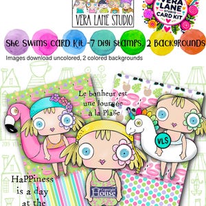 She Swims Digi Stamp Card Kit: 7 png-stempels, 2 achtergronden (digitale download)