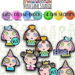 Puede incluir: Sellos digitales que representan chicas caprichosas con varios accesorios, incluyendo pájaros, coronas y tazas de té. El texto "GIRLS on the BLOCK - 4 Digi Stamps" se muestra encima de las imágenes. Las imágenes vienen sin colorear. El logotipo de Vera Lane Studio también es visible.