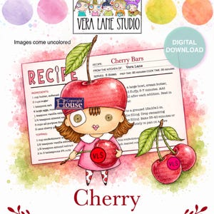 Peut inclure: Une illustration numérique représentant un personnage de dessin animé aux cheveux bruns portant une robe rose, tenant une grosse cerise rouge. Le personnage est placé devant une fiche recette pour Cherry Bars. L'image inclut du texte, des touches d'aquarelle et un logo Vera Lane Studio. Le texte comprend 'RECIPE', 'Cherry Bars', 'Cherry' et 'Sentiments included 4 Digi Stamps'. Le design intègre des feuilles vertes, des cerises rouges et des cercles aquarelles colorés.
