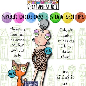 Puede incluir: Conjunto de sellos digitales que presenta a una mujer con un vestido de estampado de leopardo con el texto "there's a fine line between cougar and cat lady" y un gato con el texto "I don't make mistakes I just date them just killing it as always".