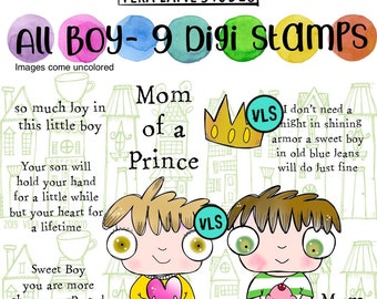 Handgetekende Boy Digi-stempelset met sentimenten kaarten maken digitale download