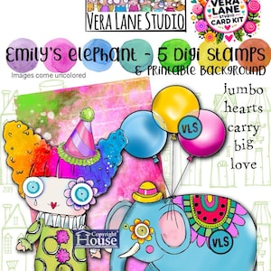 Emily’s Elephant - Pacote de 5 selos digitais em arquivos jpg e png e fundo colorido para impressão