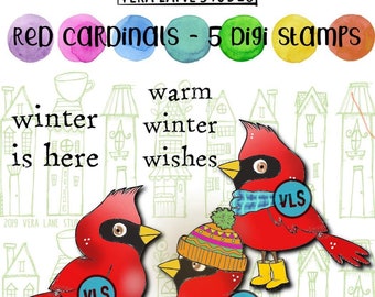 Red Cardinals   - 5 Digi stamp bundle in jpg and png files be
