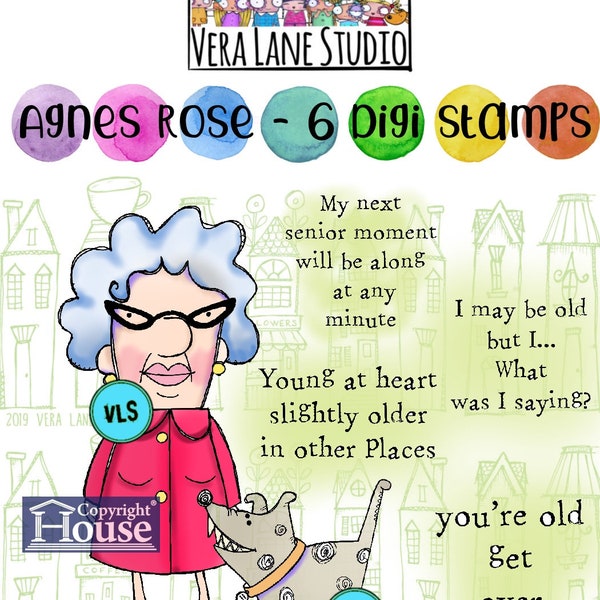 Agnes Rose - Snarky senior citizen woman with dog digi stamp set in  6 jpg and png files