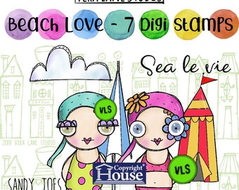 Beach love - quirky and adorable bathers with beach accessories 7 digi stamp bundle in png and jpg files.