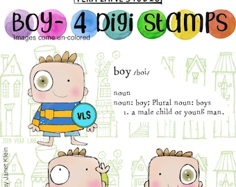 Boy  -4 Digi stamp bundle in jpg and png files be