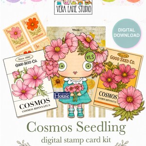 Könnte beinhalten: Ein digitales Stempelkartenset mit dem Titel Cosmos Seedling, das eine Zeichentrickfigur mit rosa Blumenhaar, zwei Samentütchen im Vintage-Stil mit der Aufschrift Good Seed Co. Cosmos, Briefmarken sowie den Text VERA LANE STUDIO und DIGITAL DOWNLOAD zeigt.