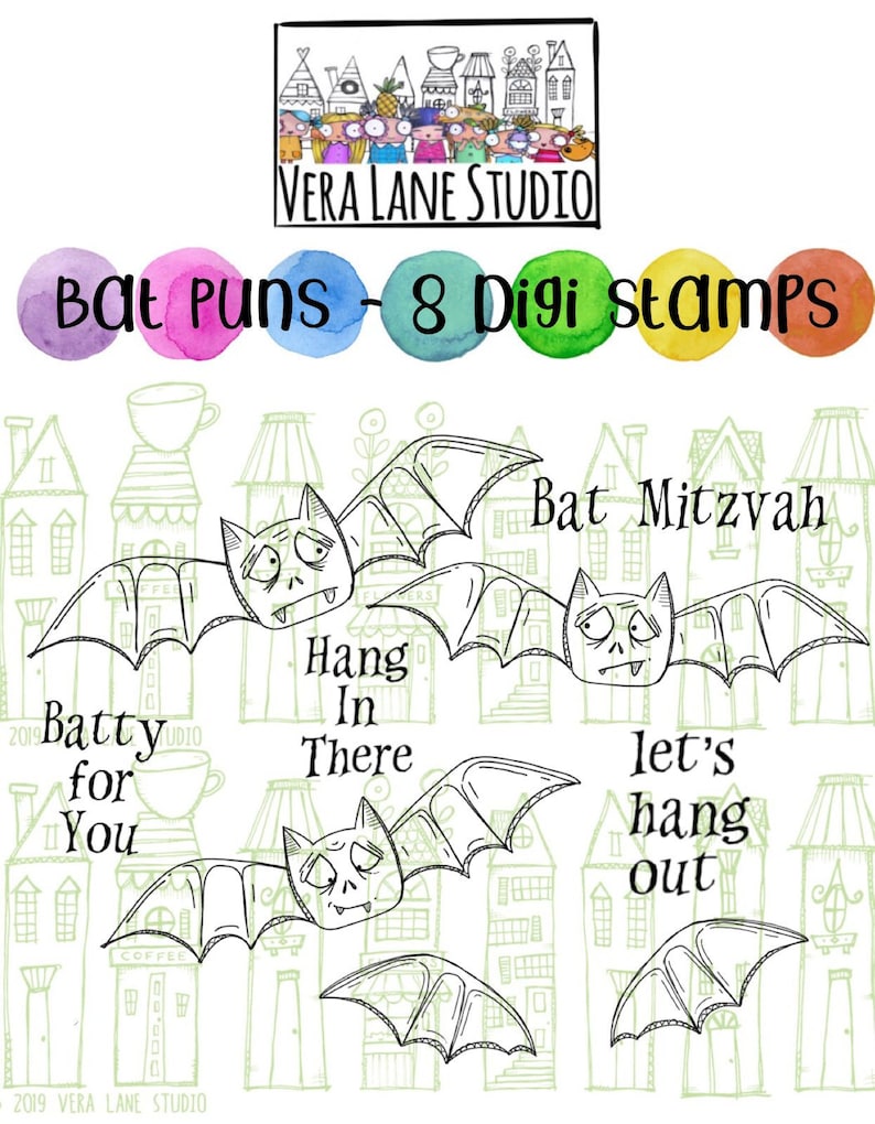 8 digi stamps in jpg and png high-resolution files Bat Puns