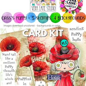 以下が含まれることがあります： ポピーのイラストと背景をフィーチャーしたデジタルカードキット。キットには5つのスタンプと4つの背景が含まれています。デザインには、赤いポピーのドレスを着た漫画の女の子、赤いポピー、そしてテキスト「CASS'S POPPY - 5 stamps, 4 backgrounds」が含まれています。