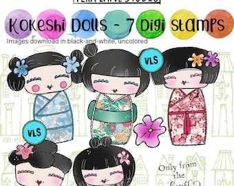 Kokeshi Dolls - 7 Digi Stamp bundle in png and jpg files