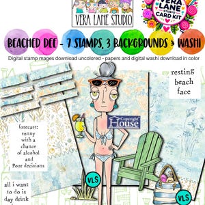 May include: Digital stamp kit by Vera Lane Studio, featuring a whimsical illustration of a woman in a bikini with the text "resting beach face." Includes stamps, backgrounds, and washi designs. The kit also includes the text "forecast: sunny with a chance of alcohol and poor decisions."