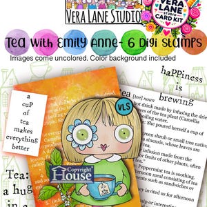 Thé avec Emily Anne - Lot de 6 tampons numériques au format jpg et png et un arrière-plan coloré (kit de carte VLS)