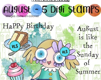 August- Whimsical and quirky girl digi stamp with birthday sentiment in jpg and png files