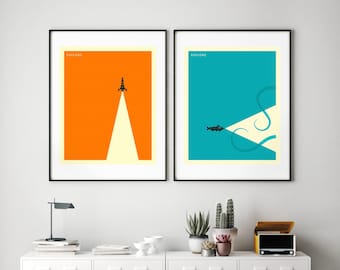 2 Minimalist Sci-Fi Travel Posters (Giclée Fine Art Prints & Rolled Canvas) (8x10 12x16 16x20 18x24 24x32 A1 A2 A3 A4) Unframed