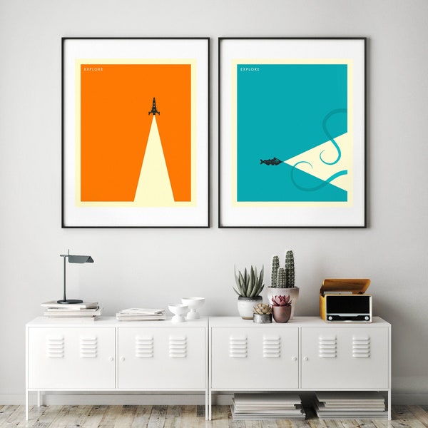 2 minimalistische Sci-Fi reisposters (Giclée Fine Art Prints & opgerold canvas) (8x10 12x16 16x20 18x24 24x32 A1 A2 A3 A4) Niet ingelijst