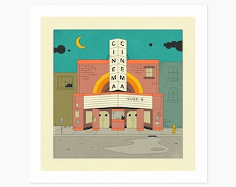 CINEMA (Giclée Fine Art Print or Photo Paper Print) Retro, Movie Theatre Illustration by Jazzberry Blue (Unframed)