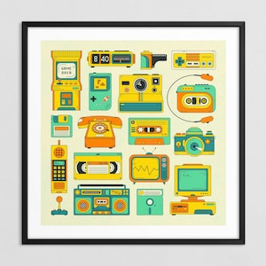 TECNOLOGIA RETRO (Stampa Fine Art Giclée su carta o tela) Arte murale nostalgica anni '80 di Jazzberry Blue (con o senza cornice)