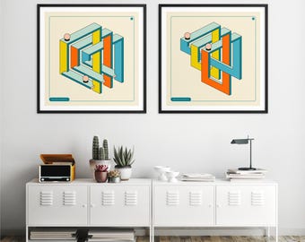 Niemożliwe kształty geometryczne, iluzja optyczna w stylu pop-art (wydruki artystyczne giclée)