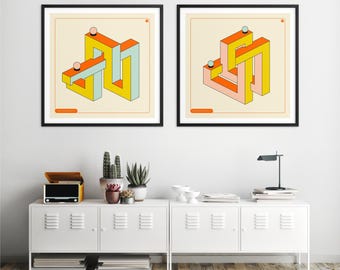Sztuka ścienna z iluzją optyczną, niemożliwe kształty geometryczne (wydruki artystyczne giclée)