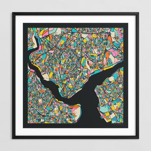 MAPA DE ESTAMBUL (impresión artística Giclée sobre papel o lienzo) Mapa colorido de las calles de la ciudad de Jazzberry Blue (con o sin marco) Serie 3